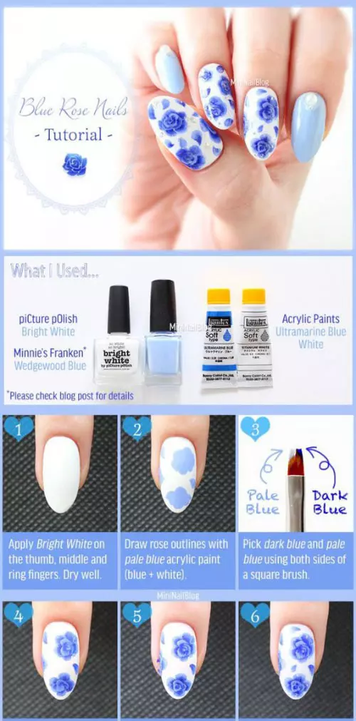 Blue Acrylic Rose Nail Art