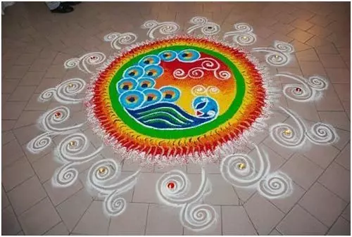 Peacock rangoli design with white borders