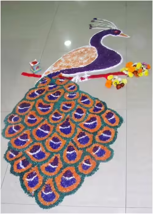 A full bodied peacock in shades of orange and blue for rangoli design A full bodied peacock in shades of orange and blue for rangoli design