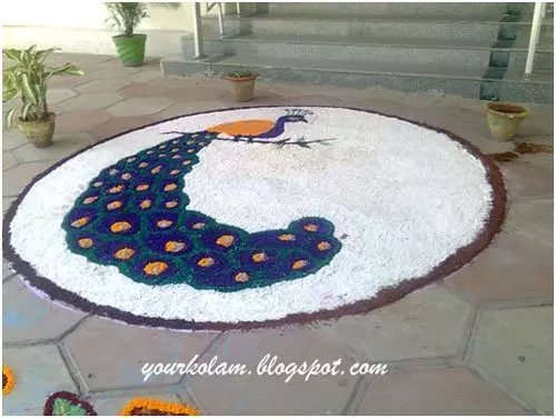 Peacock rangoli design at the entrance