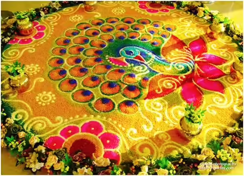 Peacock rangoli design bordered with flowers for Pongal Peacock rangoli design bordered with flowers for Pongal