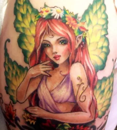 A fully coloured fairy tattoo