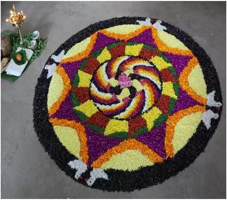 Bordered chevron pookalam design for Onam