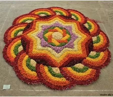 Rainbow pookalam design for Onam