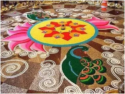 peacock rangoli designs with flowers