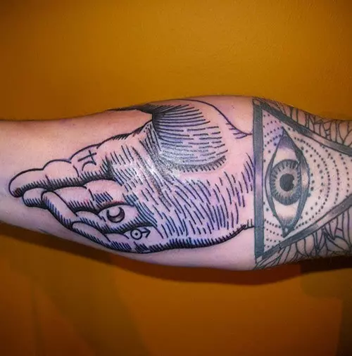 alchemy hand and masonic eye tattoo