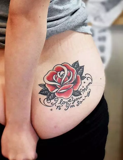 Hip Tattoo - Blood Flower And Quote Tattoo