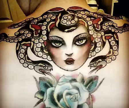 Colored Medusa Back Tattoo Colored Medusa Back Tattoo