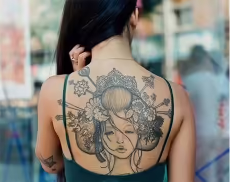 Geisha Upper Back Tattoo