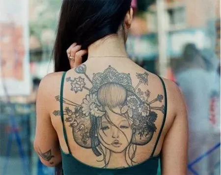 Geisha Upper Back Tattoo