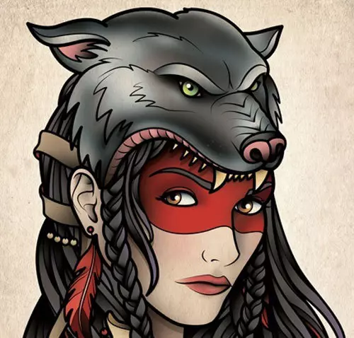 gypsy girl with wolf headgear tattoo