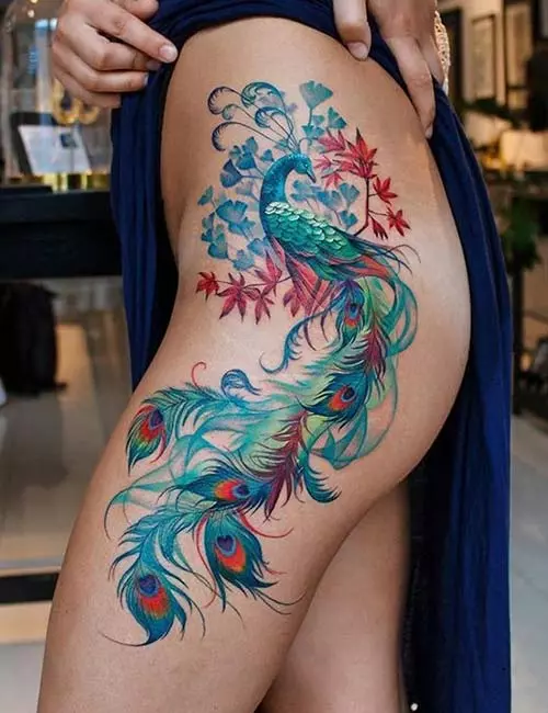 Hip Tattoos - Peacock Side Hip Tattoo