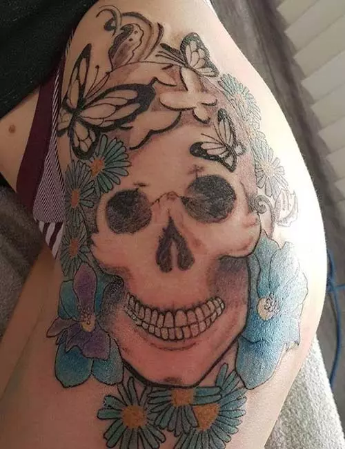 Hip Tattoos - Pink Skull Side Hip Tattoo