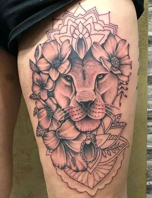 Hip Tattoo - Shaded Lion And Petals Tattoo