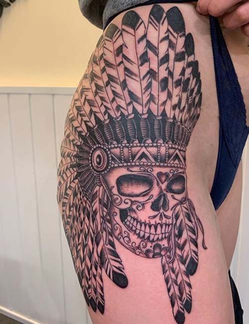 Tribal Mask Side Hip Tattoo Design