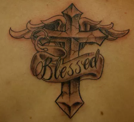 Blessed Crucifix and Scroll Tattoo