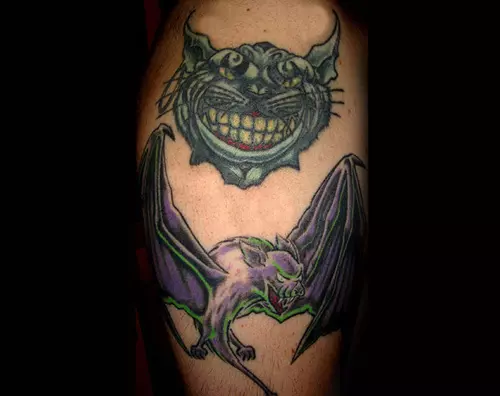 Cheshire Cat with Purple Bat Tattoo