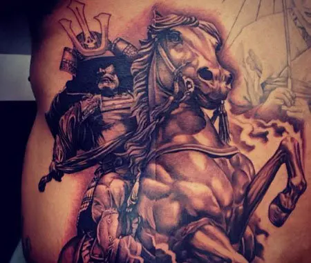 Japanese horse mounted Samurai Barcode tattoo