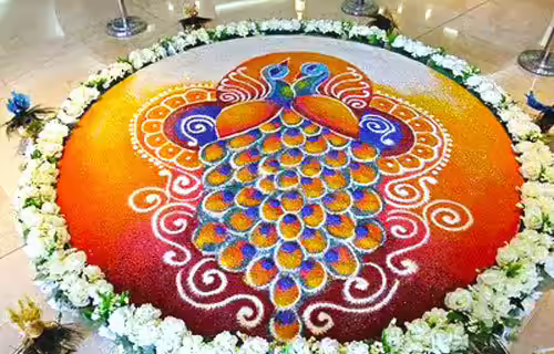 North Indian peacock and flowers rangoli design