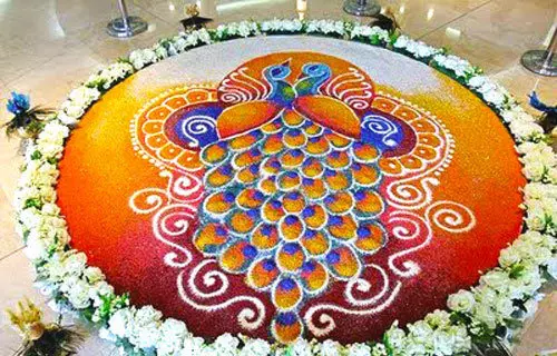 North Indian peacock and flowers rangoli design