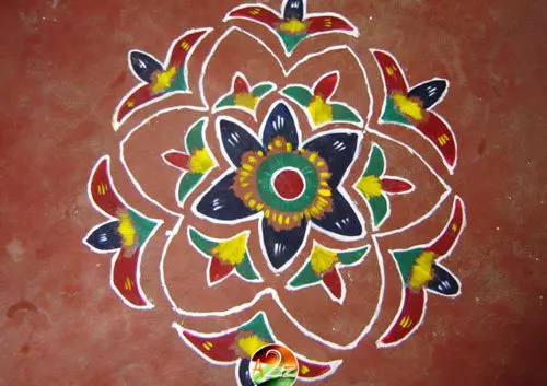 North Indian wet paint flowers rangoli design