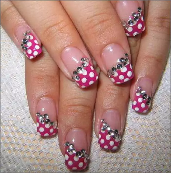 Pink Polka And Rhinestones Tips