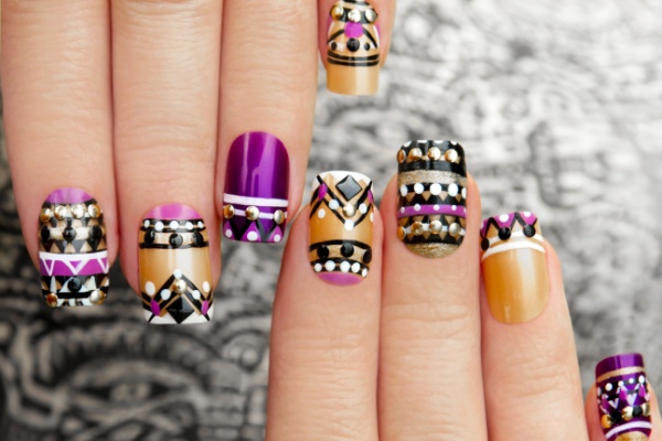 Geometric Nail Design With Rhinestones