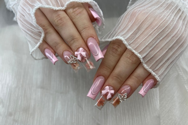 Pink Bow And Rhinestone Nail Art