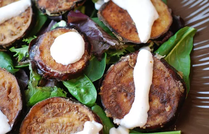 Eggplant topped with garlic yogurt for Ramadan