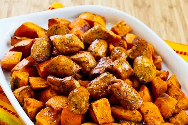 Sausages with roasted sweet potatoes recipe for kids