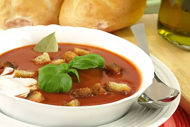 Roasted Tomato And Garlic Soup With Grilled Cheese Croutons