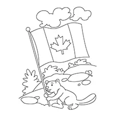 Beaver Holding the Canada Flag to Color