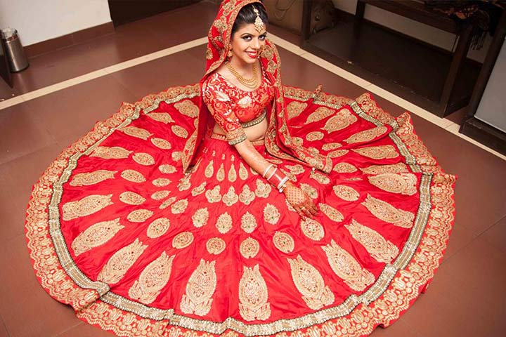 Double-bordered Red Bridal Lehenga With Glass And Mirror Work