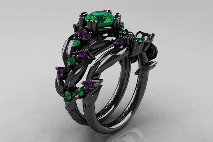 Emerald Engagement Rings - Natural Amethyst Leaf And Vine