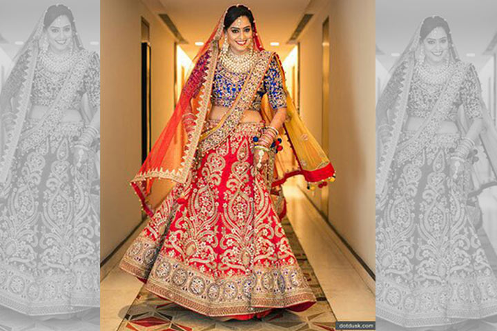 Sequined Red Bridal Lehenga With Gold Thread Embroidery