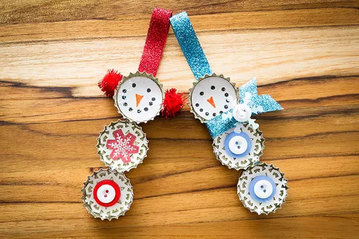 Recycled Crafts For Kids - Bottle Cap Snowmen