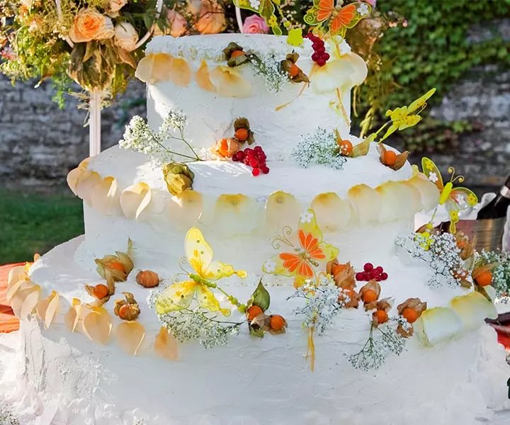 Fresh Flowers and Butterflies Wedding Cake