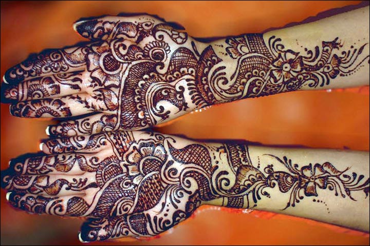 Pakistani Bridal Mehndi Designs - Woven basket design with light feather detailing