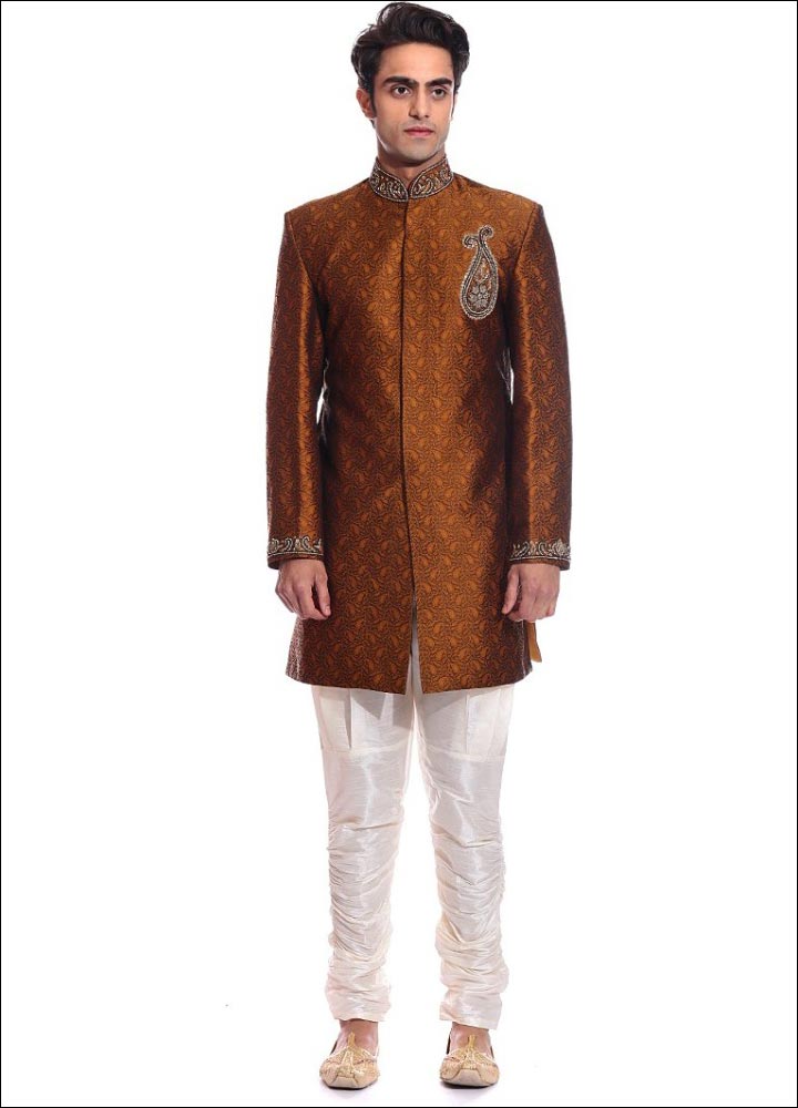 Indian Groom Dress Options - Brown Jacquard Fabric Sherwani