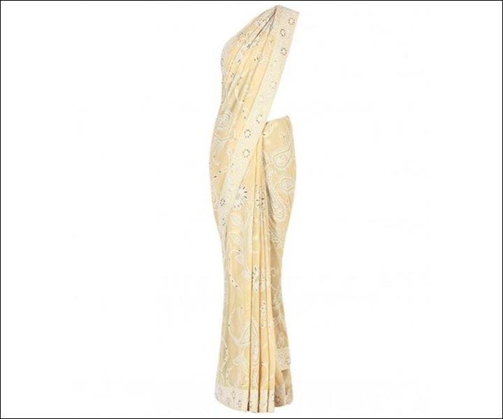Engagement Dresses - Buttercream Saree With Chikankari Embroidery
