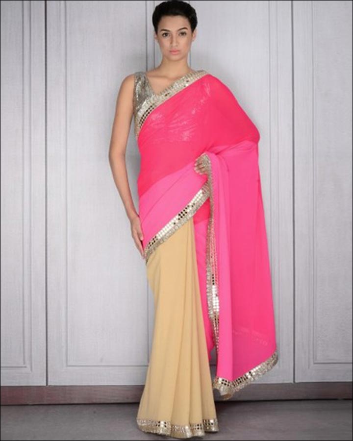 Engagement Dresses - Coral Red, Beige And Pink Saree