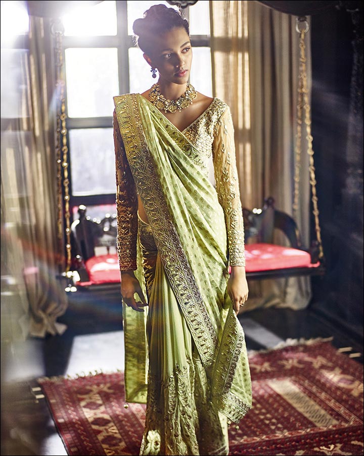 Engagement Dresses - Gold And Green Gota Patti Saree