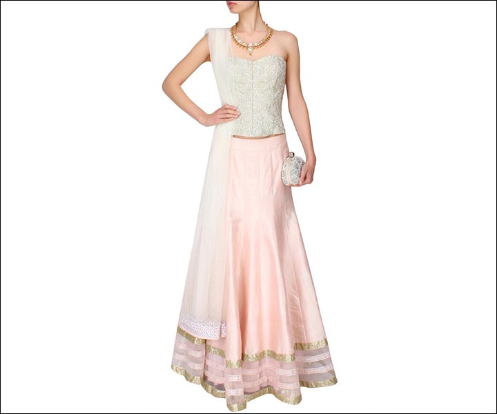Engagement Dresses - Ivory And Pink Lehenga With Corset Top