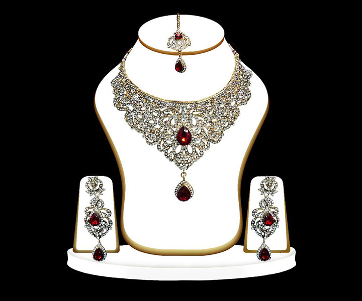Wedding Necklace Designs - Maroon And White Swarovski Stone Studded Necklace Set