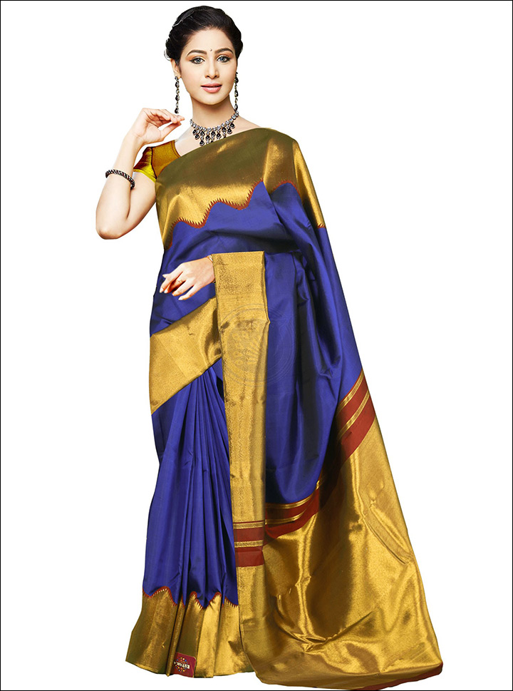 South Indian Wedding Sarees - Modern Royal Blue And Gold Silk Saree