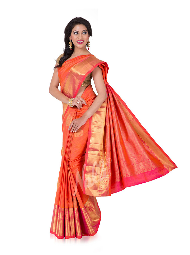 South Indian Wedding Sarees - Pinkish Orange Kancheepuram Silk Saree