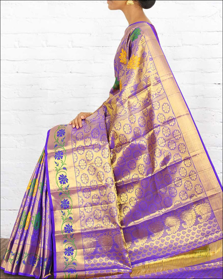South Indian Wedding Sarees - Purple And Golden Kanchipuram Silk