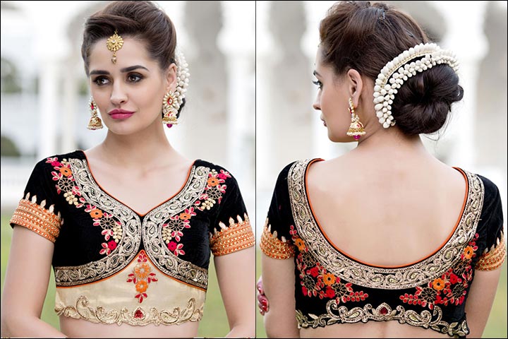 Maggam Work Blouse Designs - Black And Beige Floral Embroidery Maggam Blouse Design