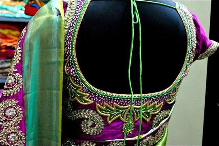 Maggam Work Blouse Designs - Purple And Green Heavy Embroidery Cutting Maggam Blouse Design With Sequins