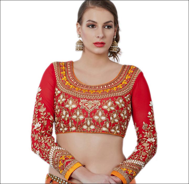 Maggam Work Blouse Designs - Red Faux Georgette Full Sleeve Blouse With Lace, Heavy Maggam and Zari Work